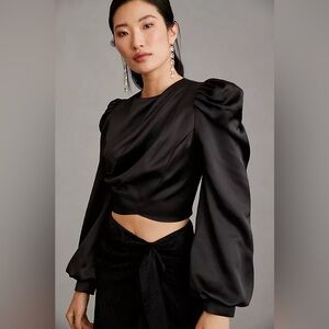 Anthropologie x Mare Mare Satin puff sleeve top black long sleeve size small